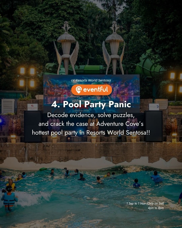 Pool Party Panic stage at Adventure Cove Waterpark with swimmers in the wave pool at dusk