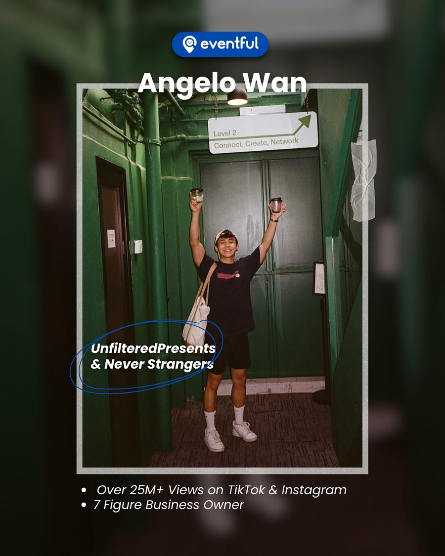 Event slide introducing Angelo Wan of Unfiltered Presents and Never Strangers