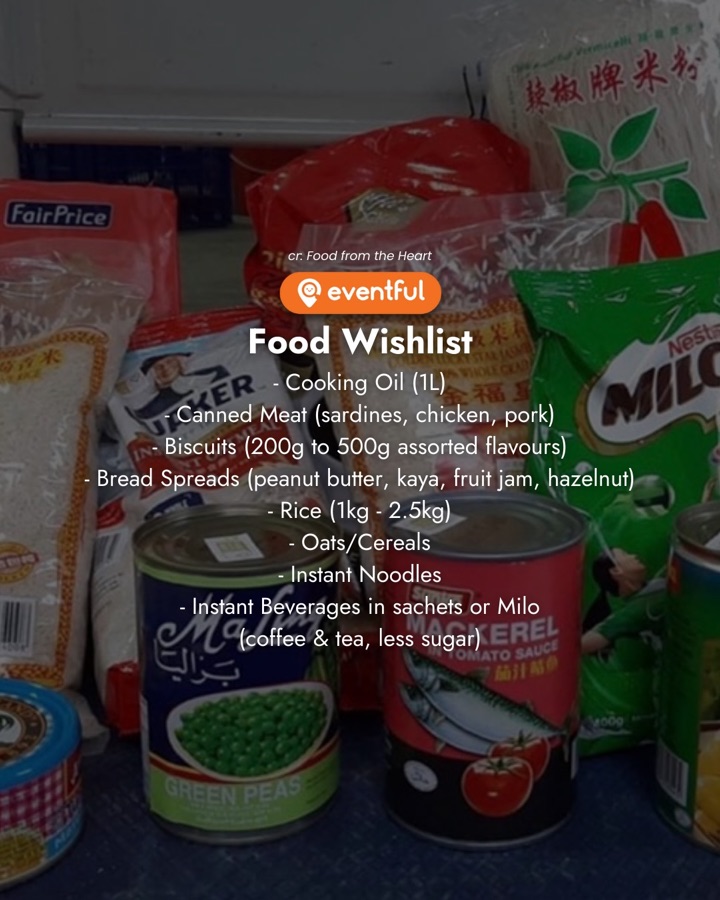 Food from the Heart's 2026 food wishlist over a pile of donated rice, Milo, oats and canned food