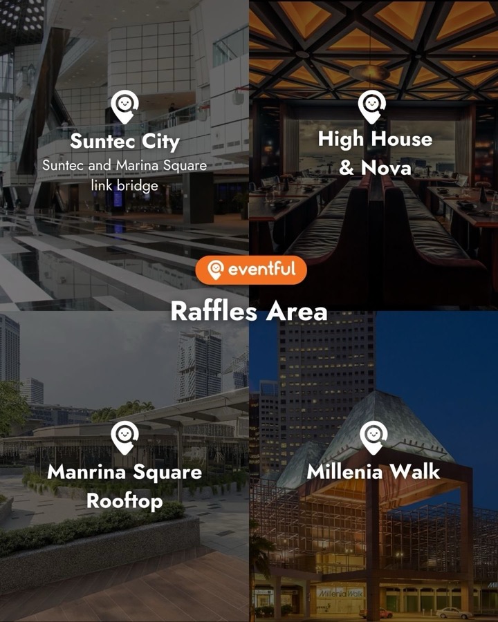 Our slide of the Raffles area F1 viewing spots: Suntec City link bridge, HighHouse and Nova, Marina Square rooftop and Millenia Walk