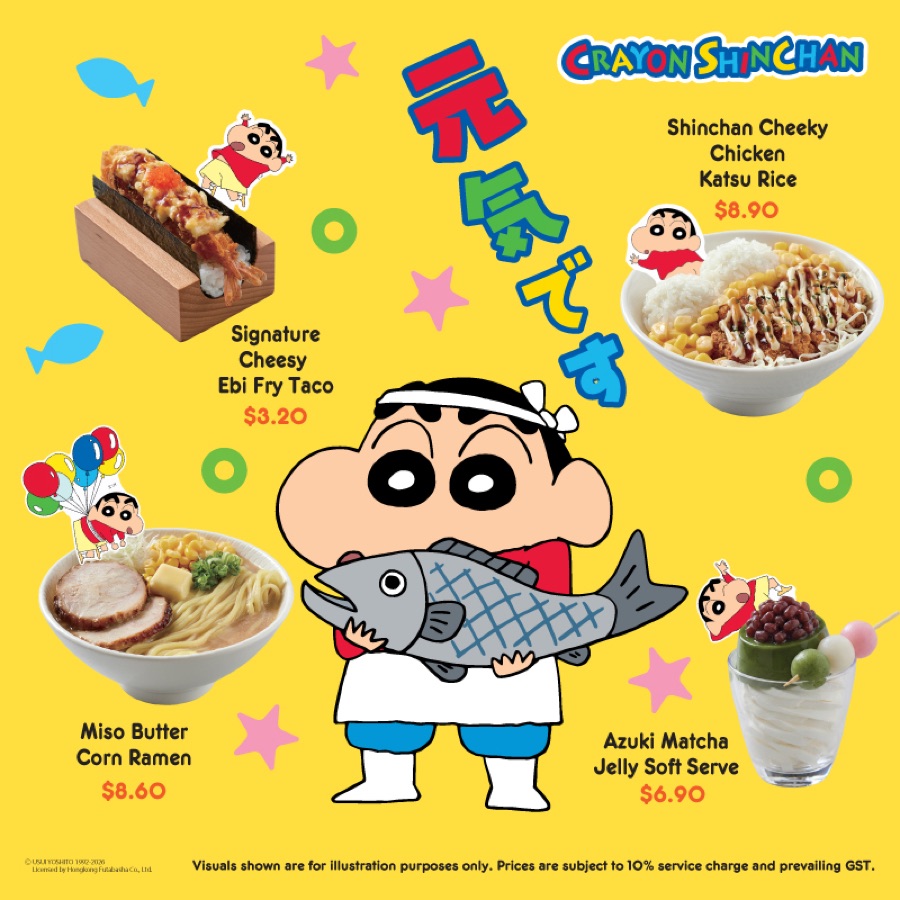 Genki Sushi x Crayon Shinchan menu poster showing the Cheesy Ebi Fry Taco, Chicken Katsu Rice, Miso Butter Corn Ramen and Azuki Matcha Jelly Soft Serve