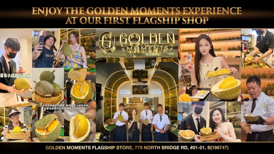 Golden Moments flagship durian store at 779 North Bridge Road, with staff opening durians and Mao Shan Wang platters