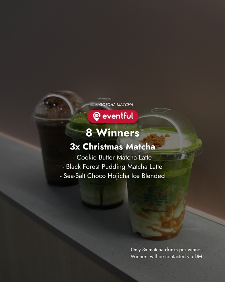 Gotcha Matcha's three Christmas drinks lined up on a counter