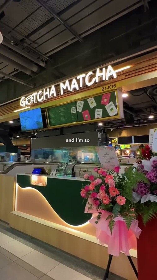 Gotcha Matcha kiosk at B1-K16 of The Woodleigh Mall with opening flowers at the counter