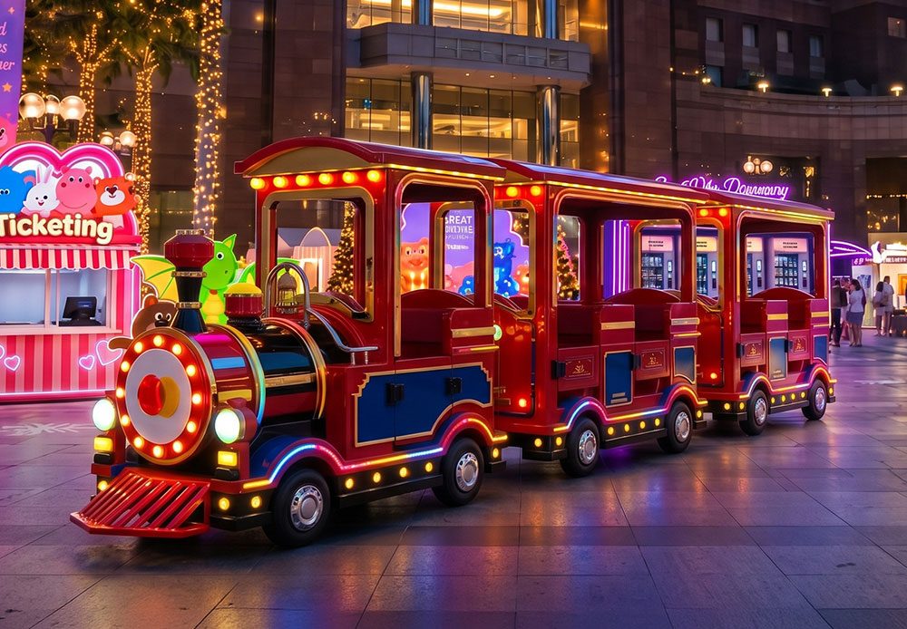 The lit-up Mastercard Train at the Great Christmas Village