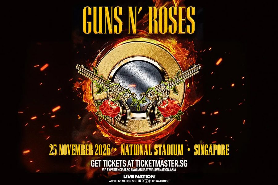 Guns N' Roses World Tour 2026 Singapore poster with the gun and roses logo
