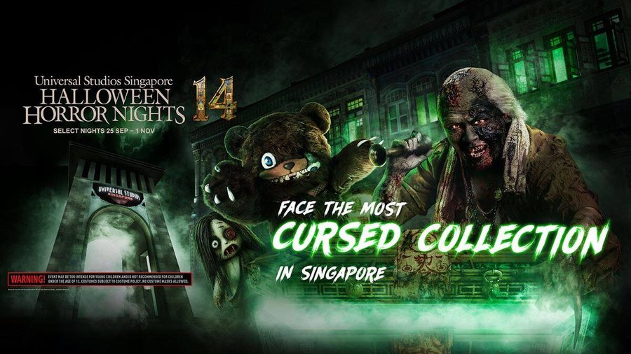 Halloween Horror Nights 14 key art: the Karang Guni man with his cursed collection in front of a shophouse