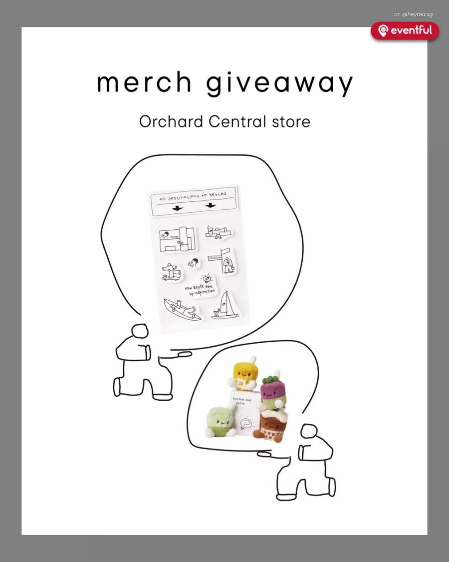 HEYTEA's merch giveaway graphic for the Orchard Central store: magnets, pins and plushie keychains