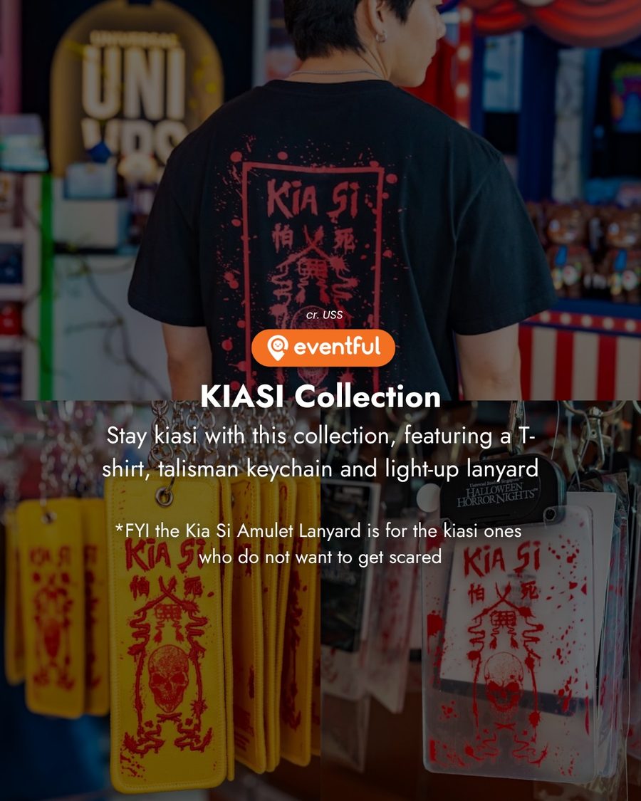 HHN14 Kia Si collection: black T-shirt with a red talisman print, yellow keychain and clear amulet lanyard