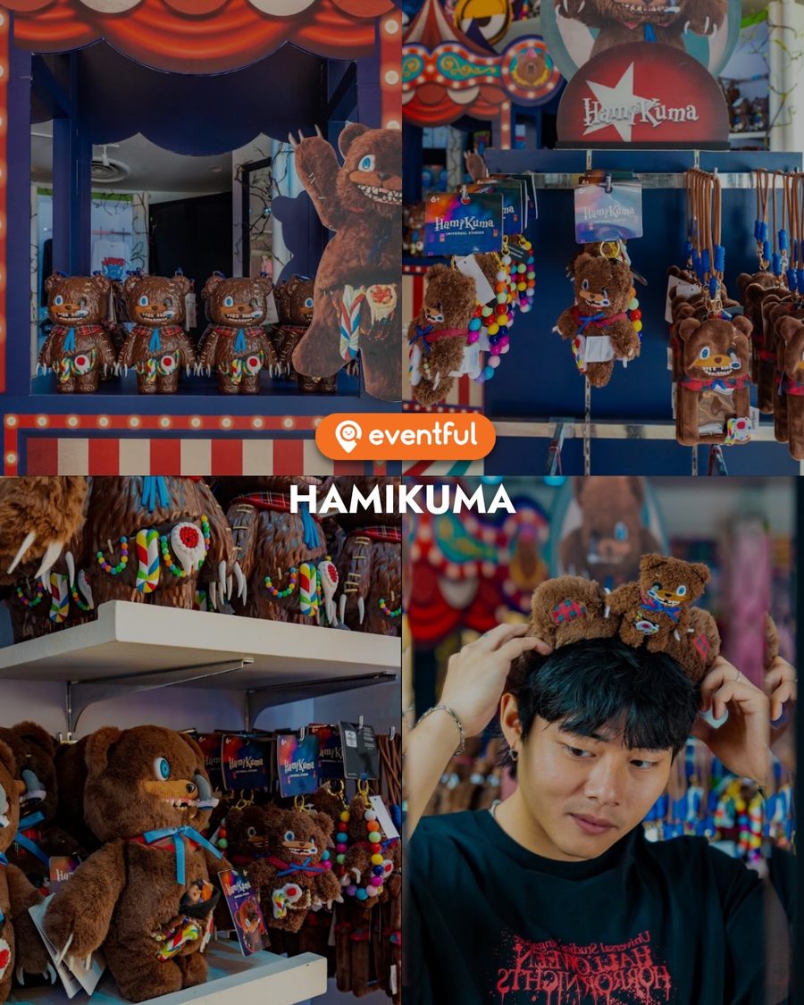 HamiKuma plush bears, keychains and a bear-ear headband at the HHN14 merch store