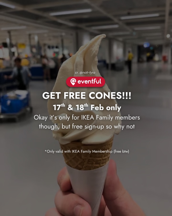 An IKEA oat vanilla soft serve cone, with our slide text on the free cone dates