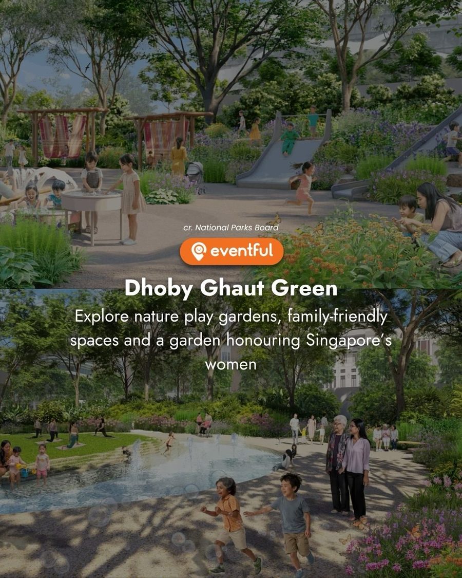 Render of the Dhoby Ghaut Green nature play garden with families and a water feature