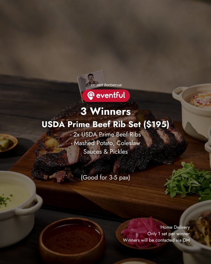 Eventful slide listing the Jett Barbecue USDA Prime Beef Rib Set: two beef ribs, mashed potato, coleslaw, sauces and pickles, good for 3 to 5 pax