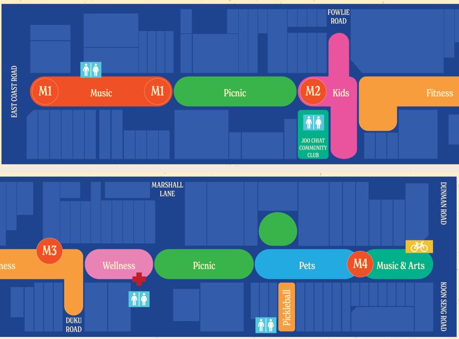 Zone map of Joo Chiat Car-Free Day along Joo Chiat Road, from the music zone at East Coast Road to the pets and music zones at Dunman Road