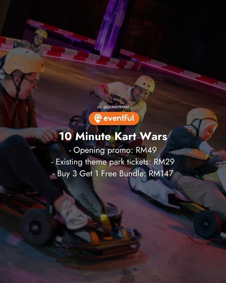 Drivers racing electric go-karts on the neon-lit Kart Wars track at Berjaya Times Square