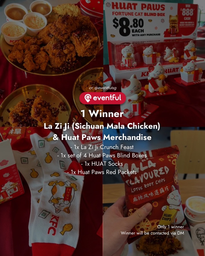Collage of the KFC La Zi Ji Crunch Feast, Huat Paws fortune cat blind box display, HUAT socks and mala lotus root chips