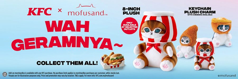 KFC x mofusand 8-inch plush in a KFC bucket hat and three keychain plush charms