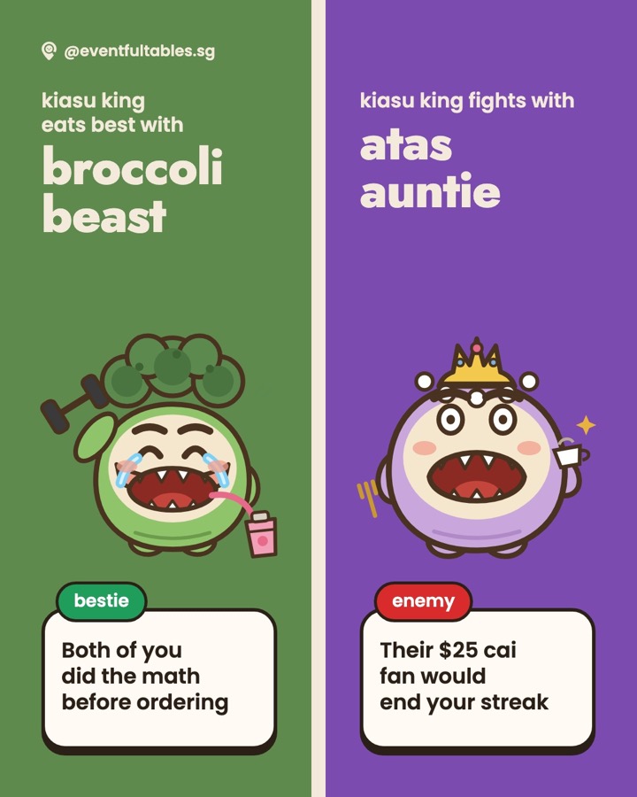 Makan Pets card showing Kiasu King eats best with Broccoli Beast and fights with Atas Auntie