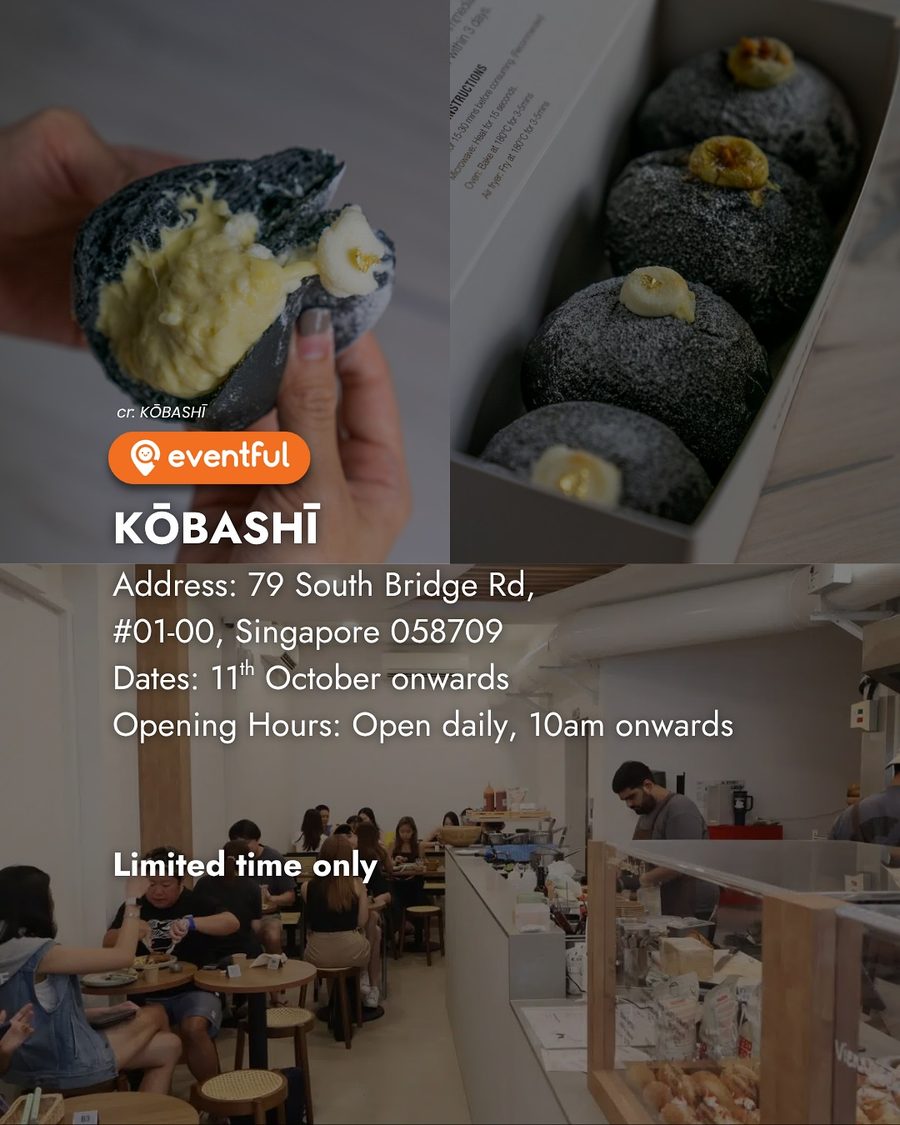 KOBASHI shop interior at 79 South Bridge Road with a torn durian sourdo'nut and a box of four