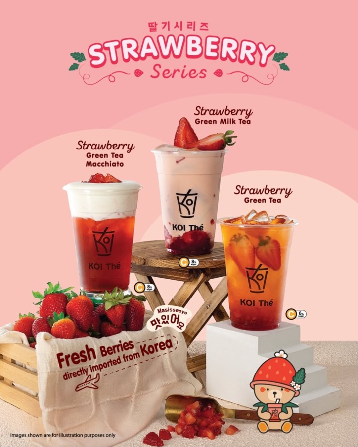 KOI Thé Strawberry Series poster showing Strawberry Green Tea Macchiato, Strawberry Green Milk Tea and Strawberry Green Tea