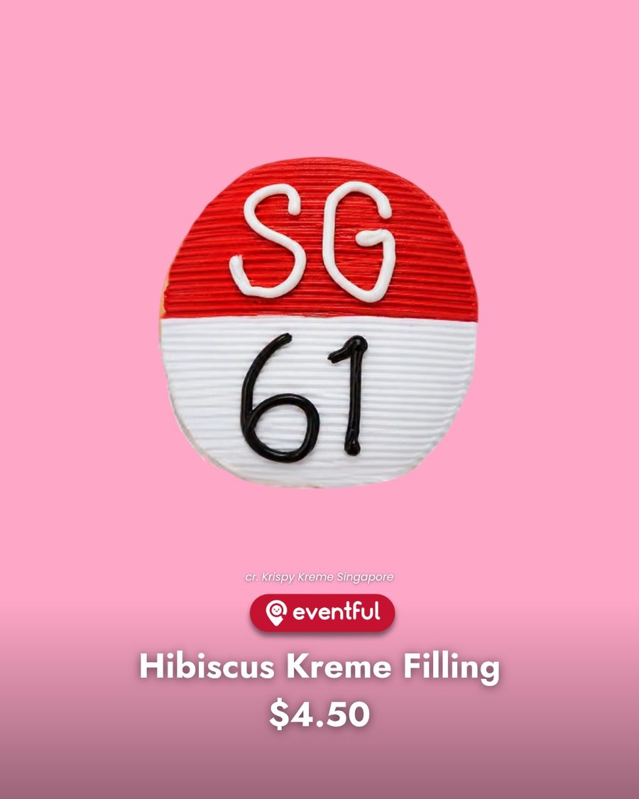 The Krispy Kreme SG61 donut with the red and white flag design and hibiscus kreme filling