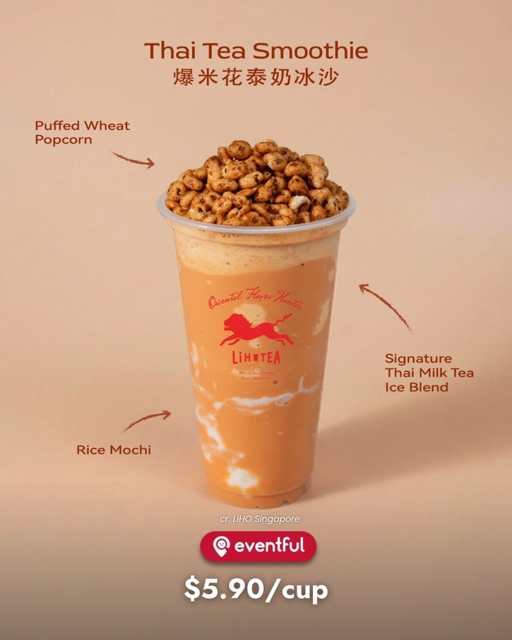 LiHO Thai Tea Smoothie with puffed wheat popcorn, rice mochi and Thai milk tea ice blend, $5.90 a cup