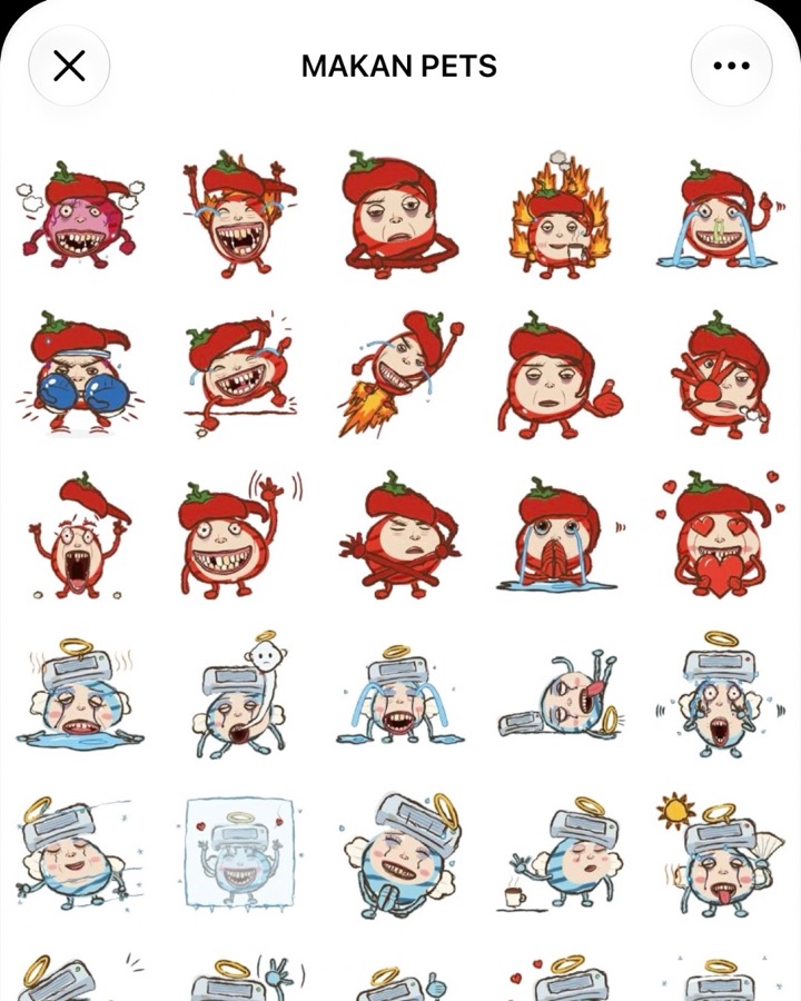Screenshot of the Makan Pets Telegram sticker pack showing ugly Shiok Sambal and Aircon Angel stickers