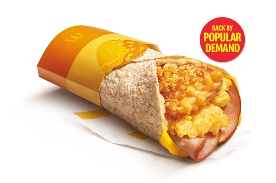McDonald's Crispy Mac 'N Cheesy Wrap with chicken ham, scrambled egg and a mac and cheese patty