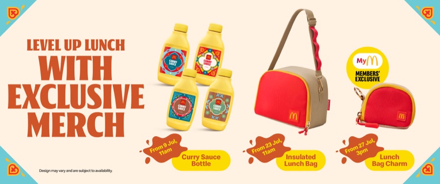 McDonald's Singapore merch banner showing the four Curry Sauce Bottle designs, from 9 July with any meal