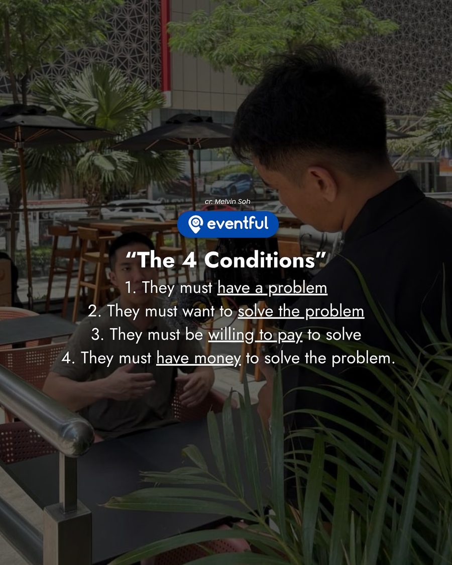 Slide listing Melvin Soh's 4 conditions for a sale