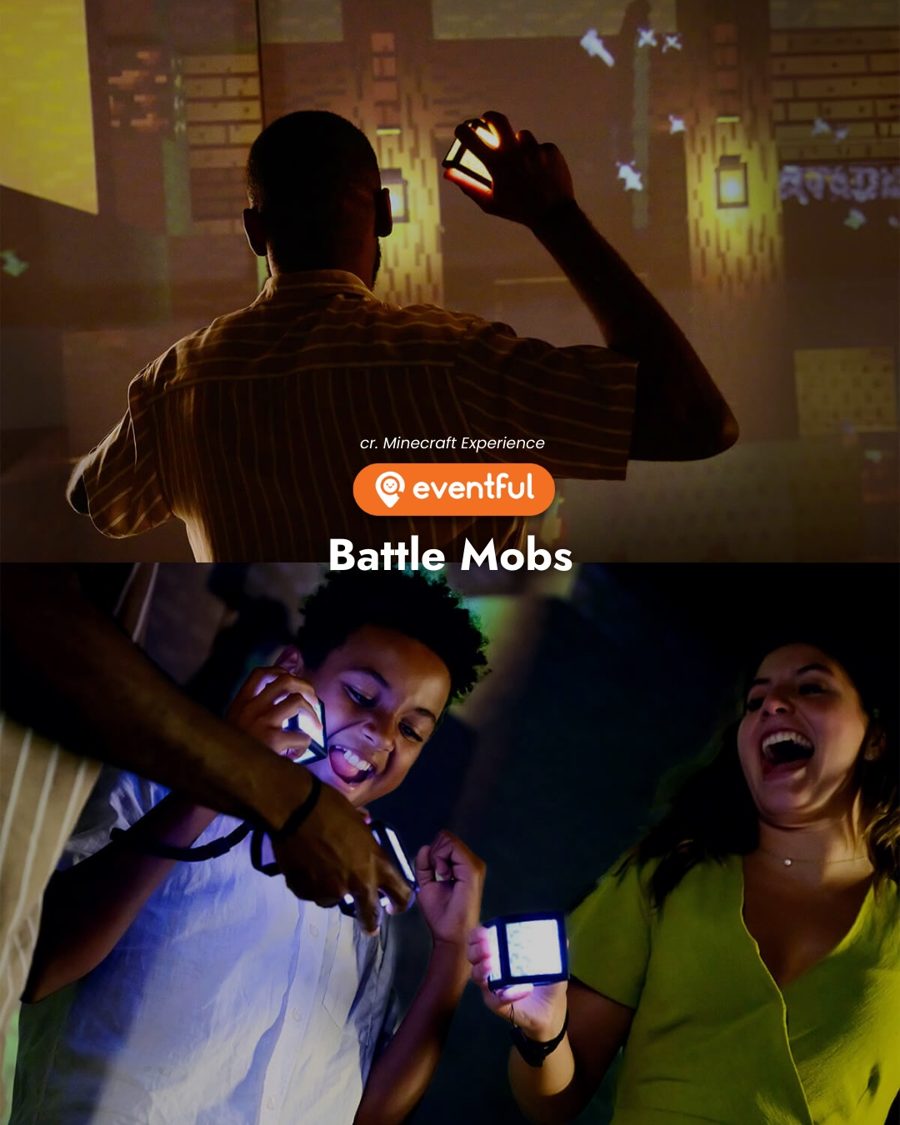 Visitors holding glowing handheld blocks during the Battle Mobs room at Minecraft Experience: Villager Rescue