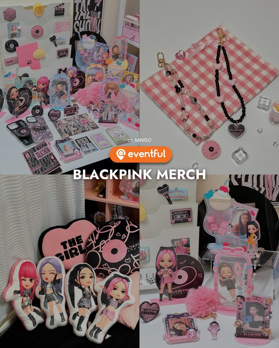 BLACKPINK x MINISO merch collage: acrylic standees, photocards, a beaded phone strap and chibi member plush cushions