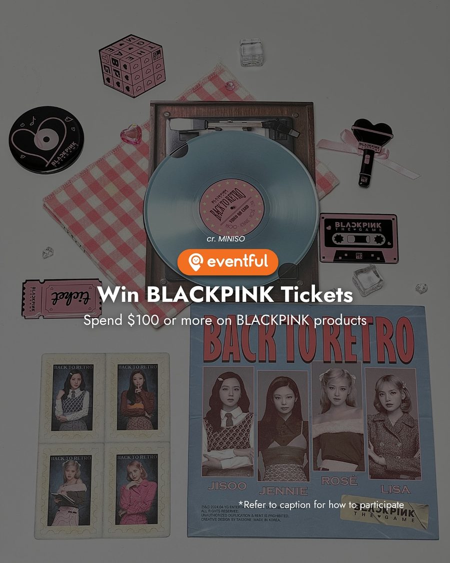 Slide explaining the BLACKPINK ticket draw: spend $100 or more on BLACKPINK products at MINISO