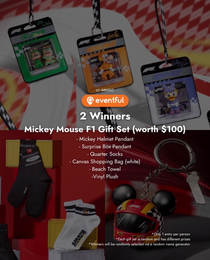 MINISO Mickey Mouse F1 gift set giveaway: Mickey helmet pendant, surprise box pendant, socks, canvas bag, beach towel, vinyl plush