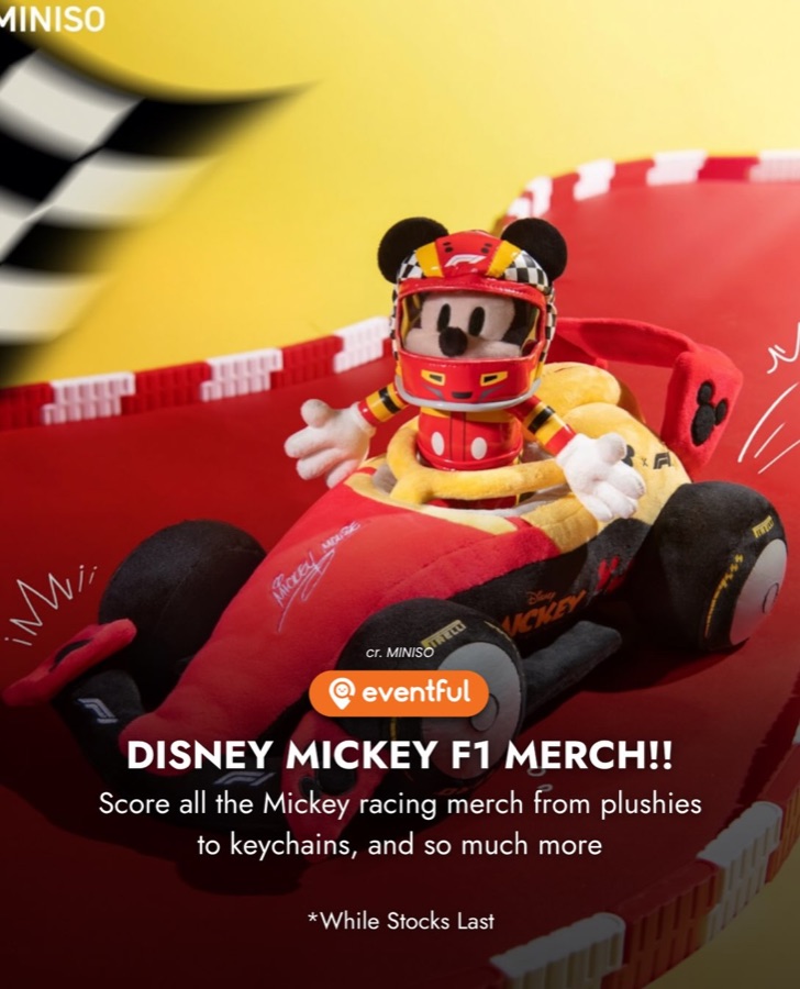 MINISO Disney Mickey F1 plush sitting in a red and black race car plush