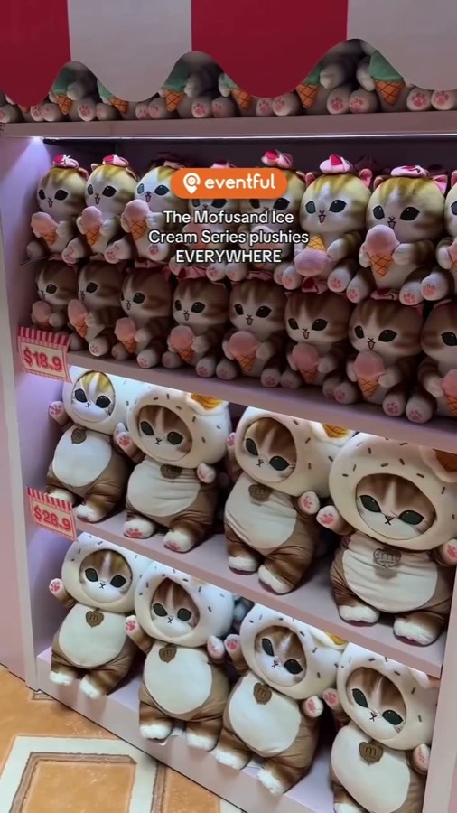 Shelves of mofusand Ice Cream Series plushies at the MINISO pop-up in Bugis+, with $18.9 and $29.9 price tags