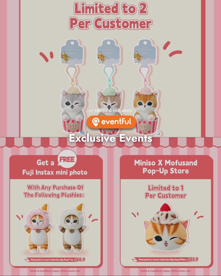 MINISO promo slide showing mofusand keychains limited to 2, a Big Plush Toy at $28.90 with a free Instax photo, and a Big-Head Pillow at $21.90