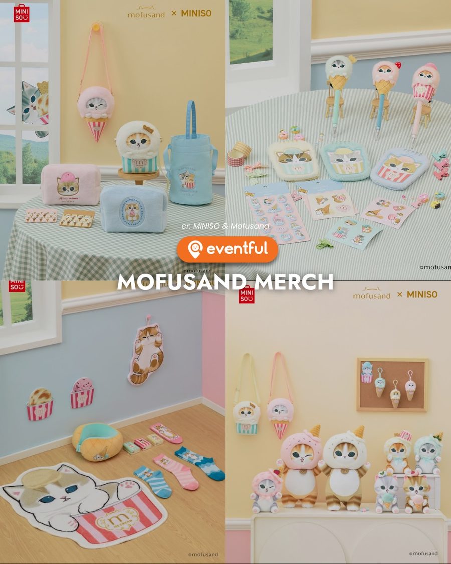 MINISO x mofusand Ice Cream Series merch: plush pouches, drawstring bags, plush pens, sticker sheets and a floor mat