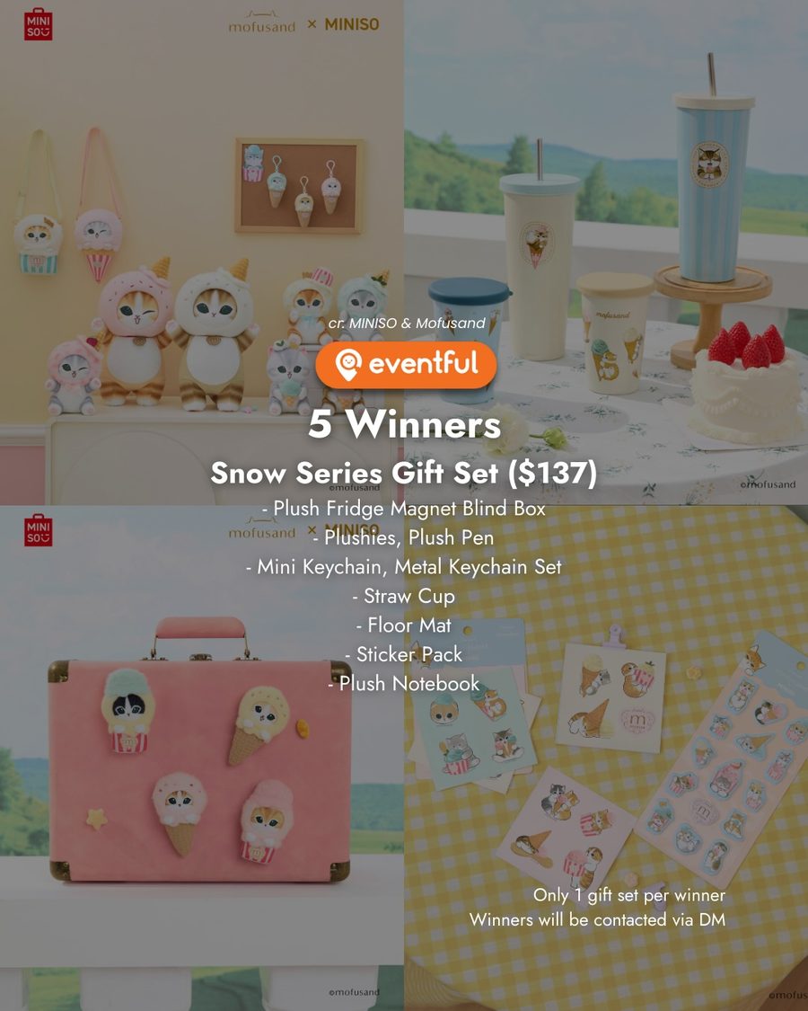 MINISO x mofusand Snow Series gift set prizes: plushies, keychains, straw cup, floor mat and sticker pack