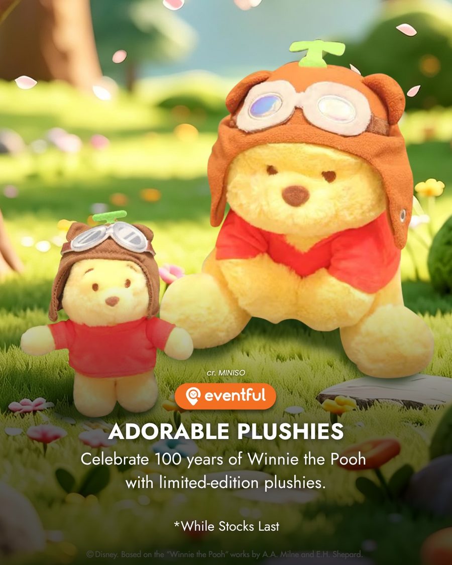 Limited-edition aviator Winnie the Pooh plushies in two sizes at the MINISO pop-up