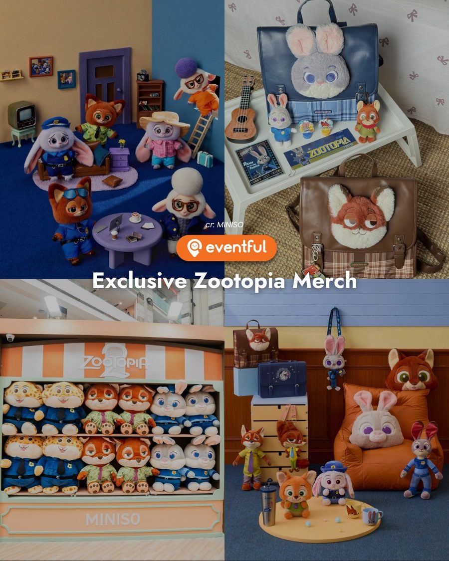 Collage of MINISO x Zootopia merch from the announcement: plush figures, a Judy Hopps backpack and a shelf of Nick and Judy plushies