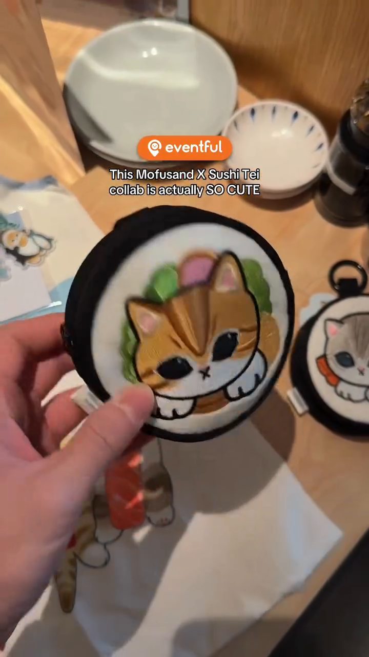 Embroidered mofusand sushi cat pouch from the Sushi Tei collab held over a table