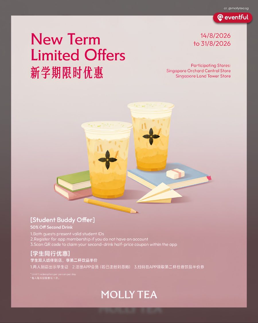 Molly Tea New Term Limited Offers poster showing the Student Buddy Offer and its 14 to 31 August dates
