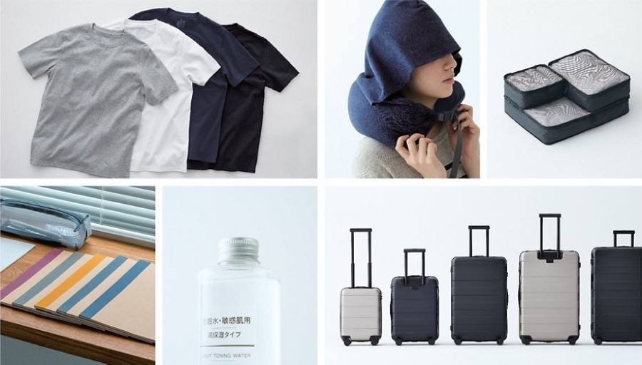 MUJI tees, travel neck pillow, packing cubes and suitcases