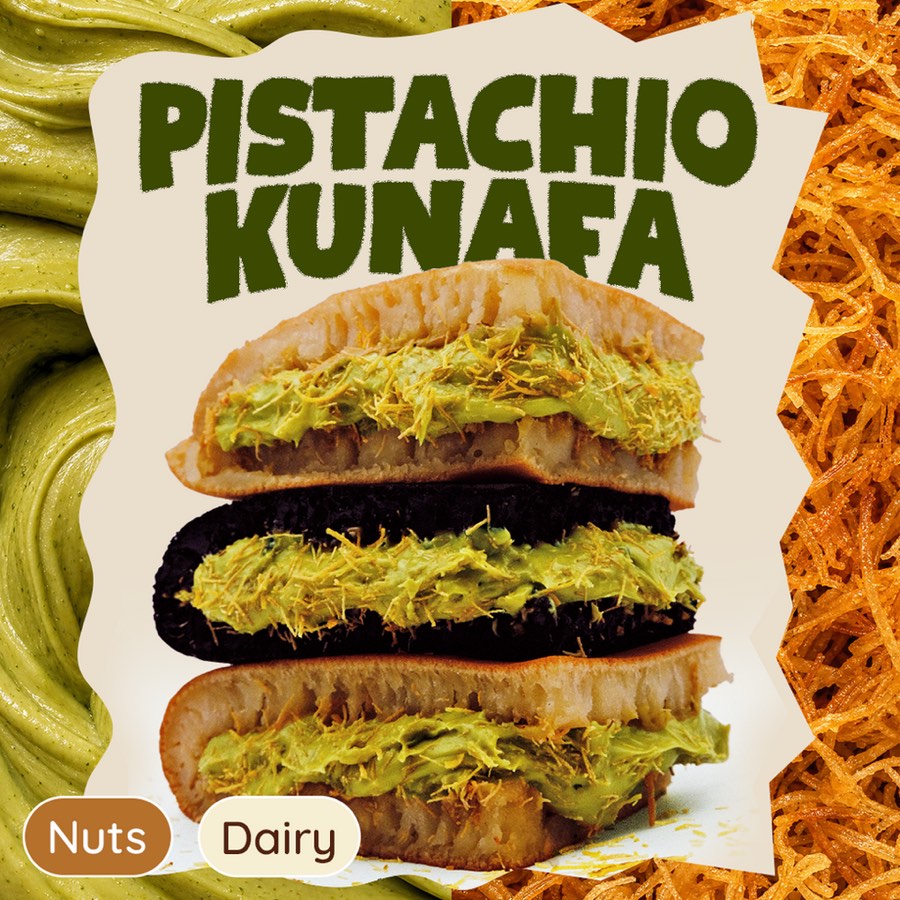 Munchi Pancakes' Pistachio Kunafa min jiang kueh stacked to show the pistachio cream and toasted kunafa strands