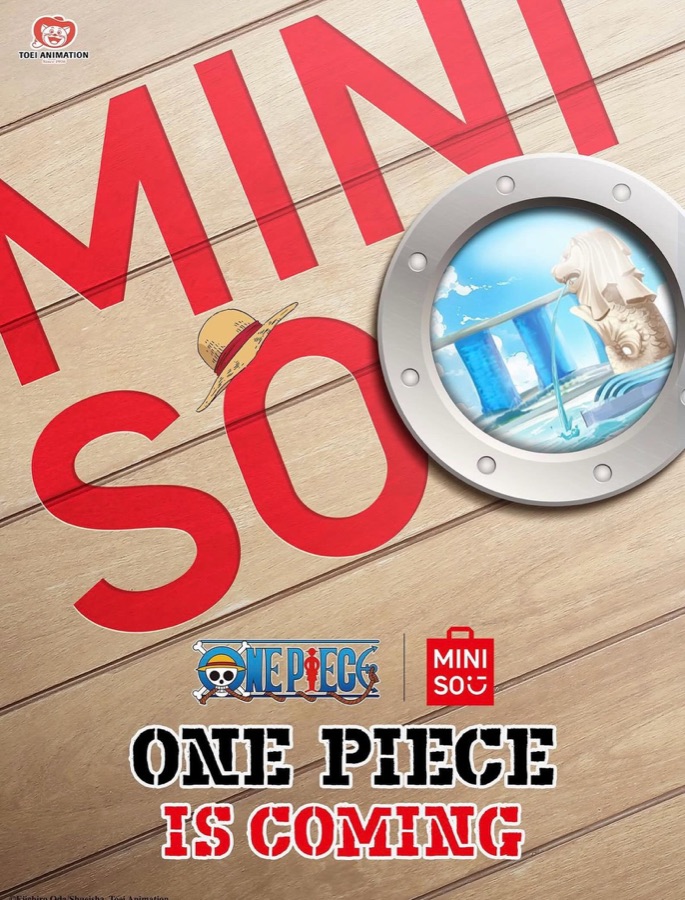 Official One Piece x MINISO Singapore key visual with the Merlion seen through a ship porthole
