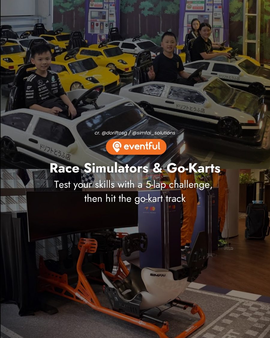 Kids in Initial D style drift go-karts and an orange SIMFAI racing simulator rig