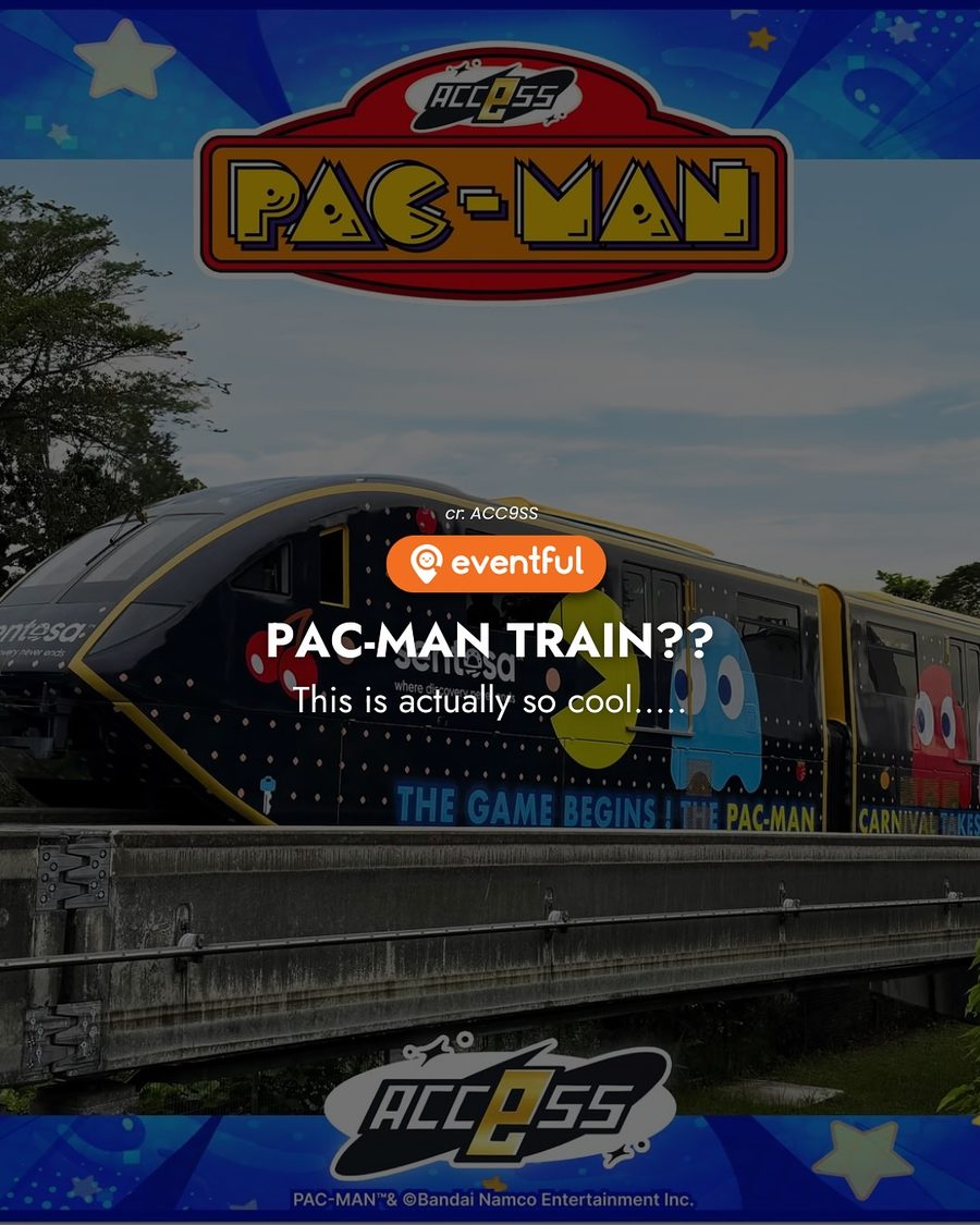 Sentosa Express train wrapped in PAC-MAN and ghost artwork for the PAC-MAN Carnival