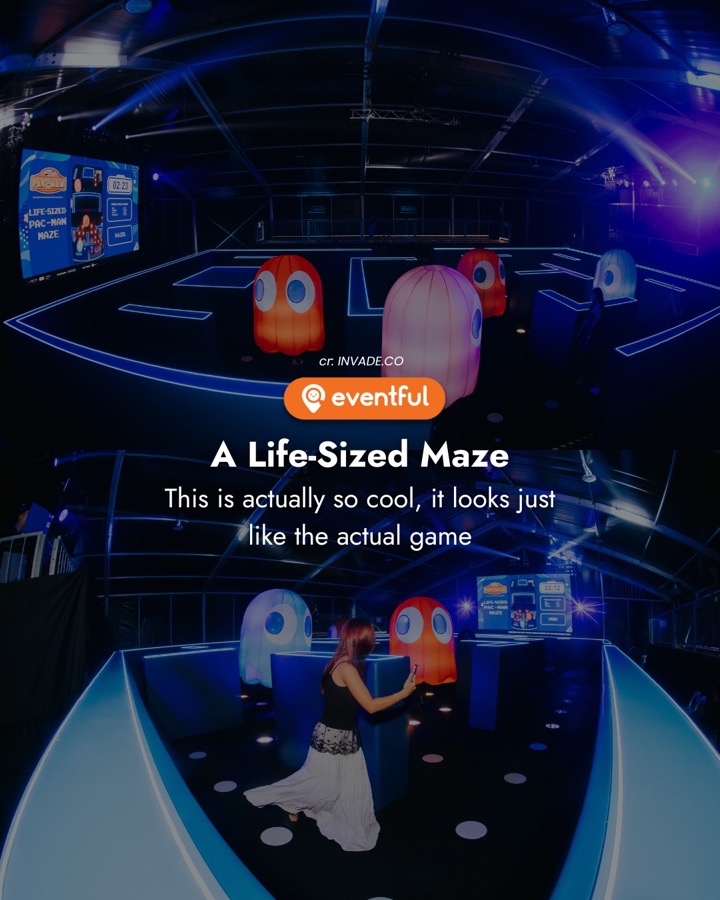 The neon-lit life-sized PAC-MAN maze with inflatable ghosts at Palawan Green, Sentosa