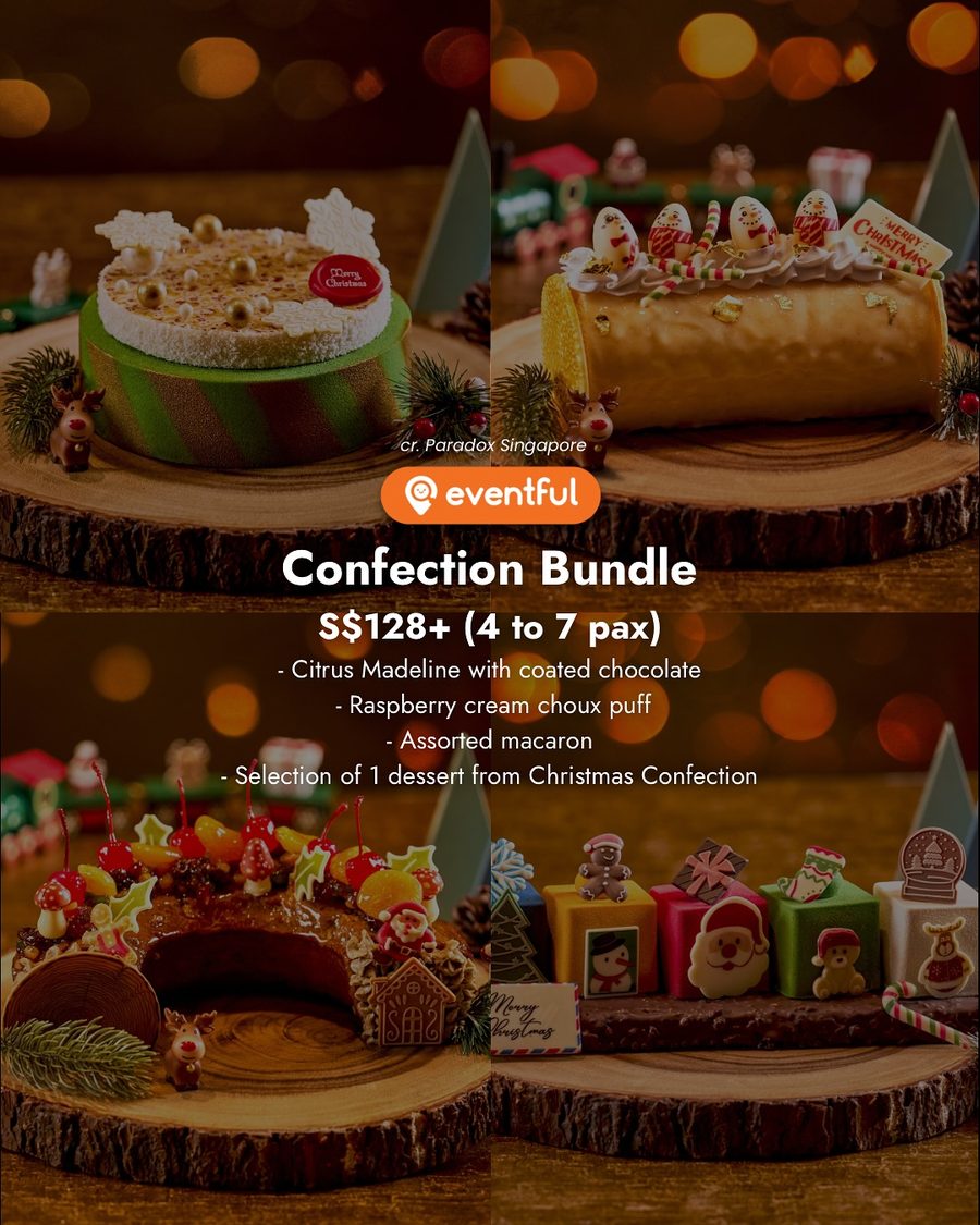 Paradox Singapore Christmas Confection Bundle with log cake, choux puffs and macarons, S$128+ for 4 to 7 pax